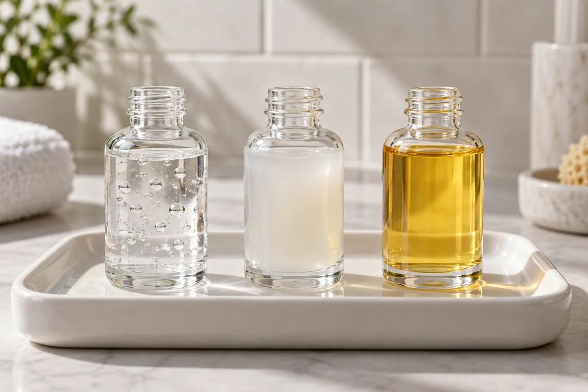 Trois petits flacons en verre transparent alignés sur un plateau en céramique blanche, gel limpide, fluide satiné et huile dorée