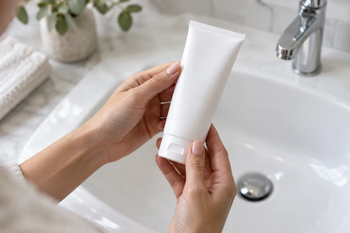 Mains de femme tenant un tube blanc uni retourné au-dessus d’un lavabo en céramique, arrière-plan flou de salle de bain