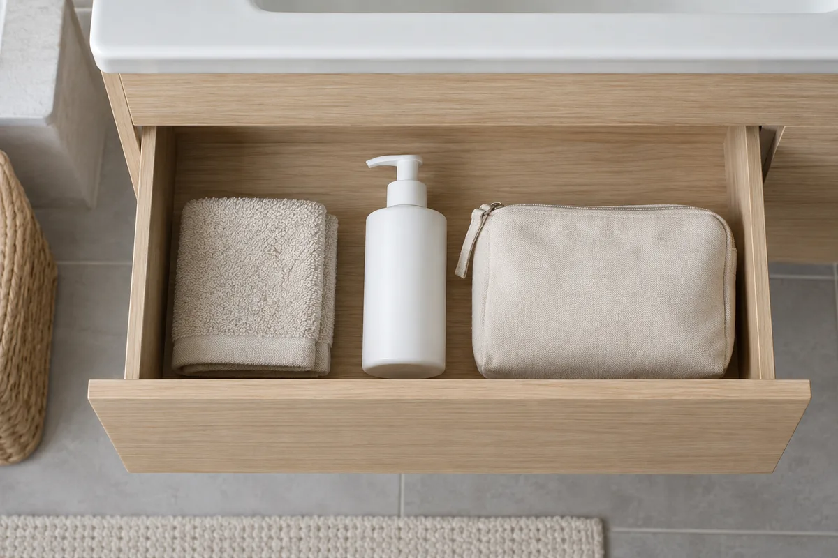 Tiroir de salle de bain en bois clair entrouvert, flacon-pompe blanc uni rangé près d’une trousse en coton écru et d’un gant plié