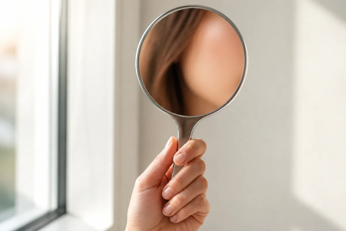 Main tenant un miroir grossissant devant une fenêtre, reflet d&rsquo;une joue en lumière naturelle