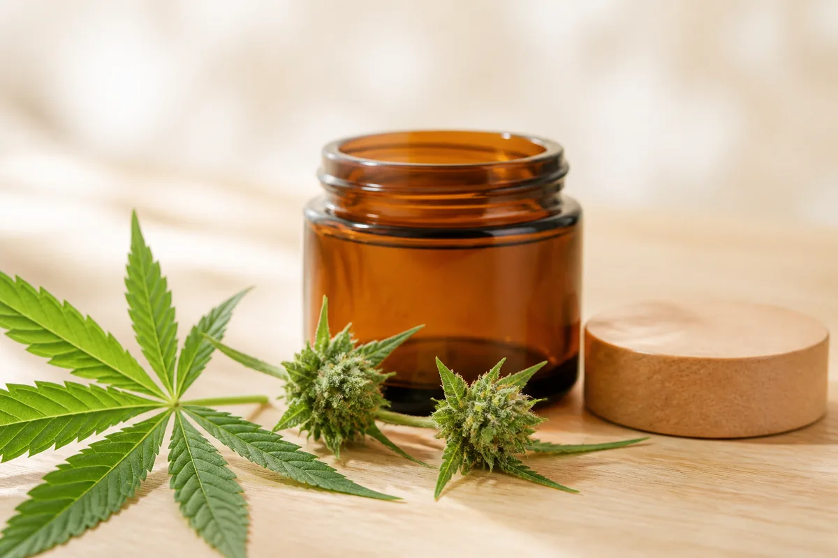 Petit pot en verre ambré uni et brins de chanvre frais posés sur un plan de travail en bois clair