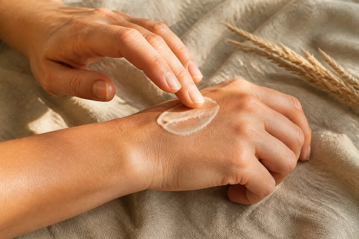 Mains adultes étalant une texture de baume onctueuse sur le dos de la main, serviette en lin beige