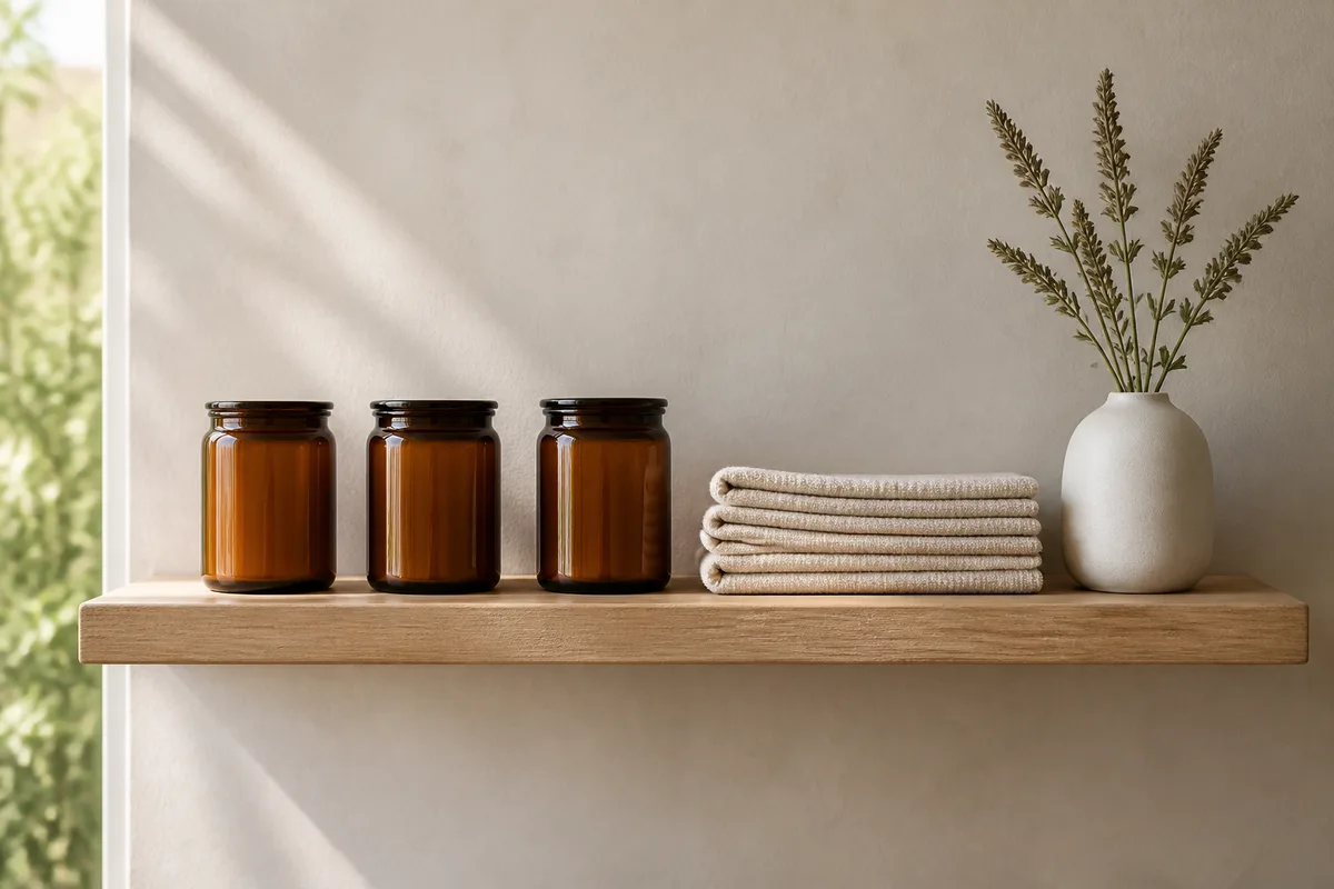 Étagère de salle de bain en bois clair avec pots en verre ambré unis et brins de chanvre séchés