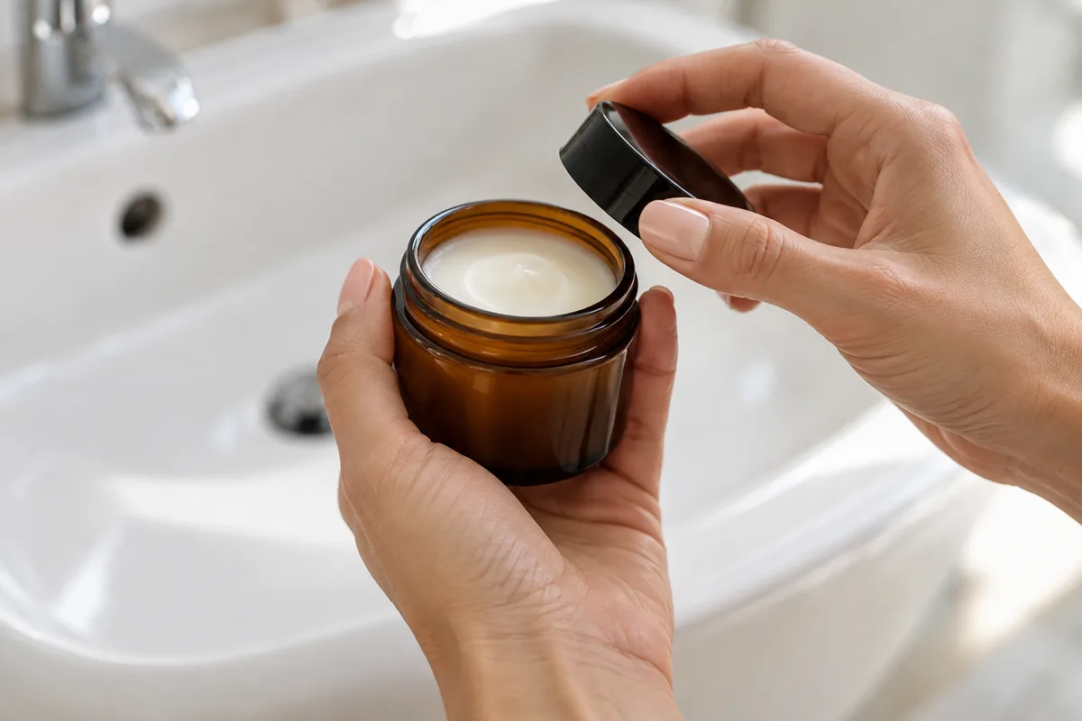 Mains de femme ouvrant un pot en verre ambré uni rempli d&rsquo;un baume blanc au-dessus d&rsquo;un lavabo en céramique