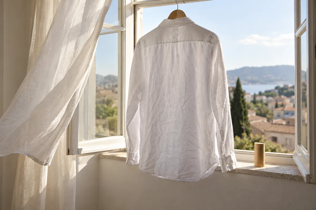 Chemise en lin blanc suspendue à un cintre en bois devant une fenêtre ouverte, stick en carton kraft posé sur le rebord