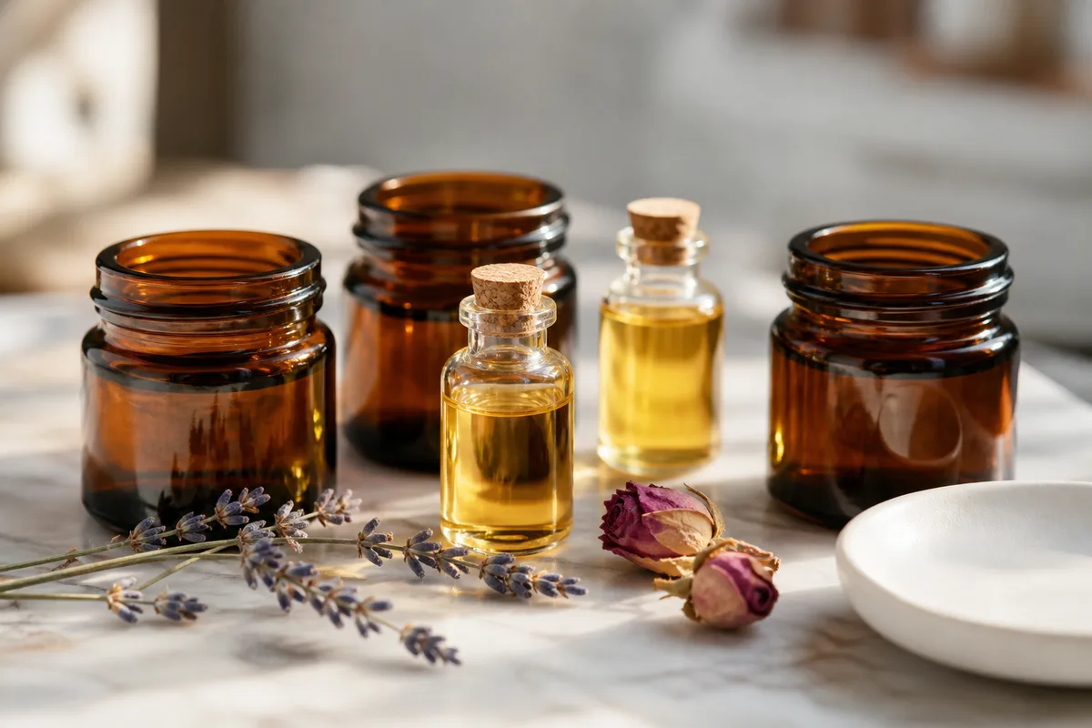 Pots en verre ambré alignés sur une plaque de marbre clair, fleurs séchées et huile végétale à côté