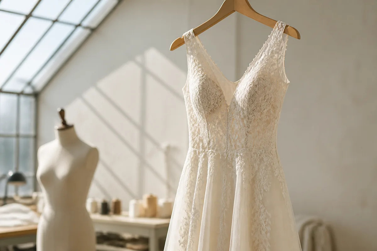 Robe de mariée en dentelle suspendue dans un atelier de couture lumineux