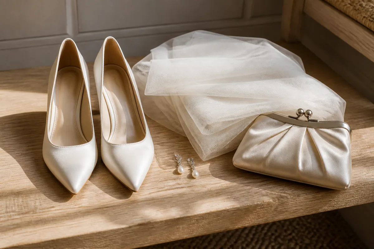 Escarpins ivoire et accessoires de mariée posés sur un banc avant un essayage