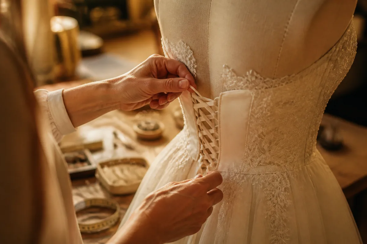Mains d&rsquo;une couturière ajustant le dos lacé d&rsquo;une robe de mariée sur un mannequin
