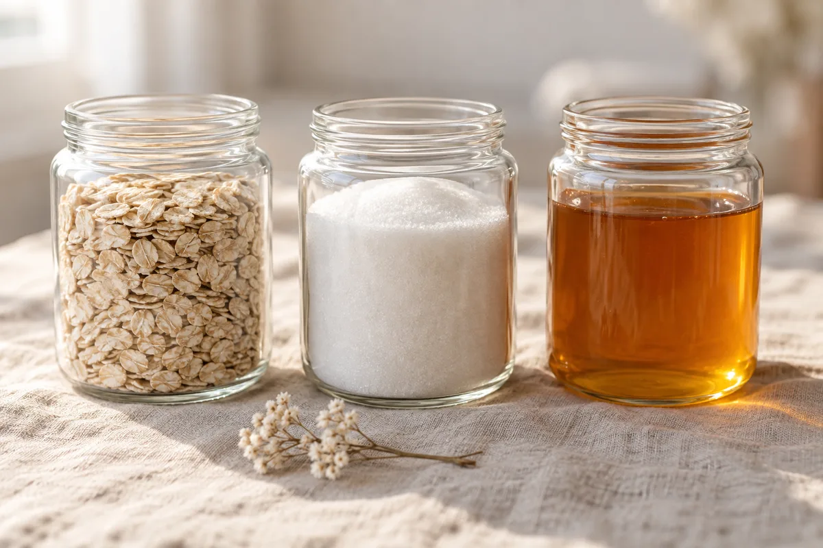 Bocaux en verre remplis de flocons d’avoine, de sucre fin et de miel posés sur une nappe en lin