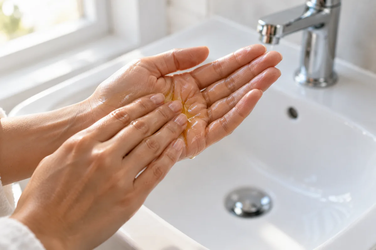 Mains qui réchauffent quelques gouttes d&rsquo;huile de jojoba dans leurs paumes au-dessus d&rsquo;un lavabo clair