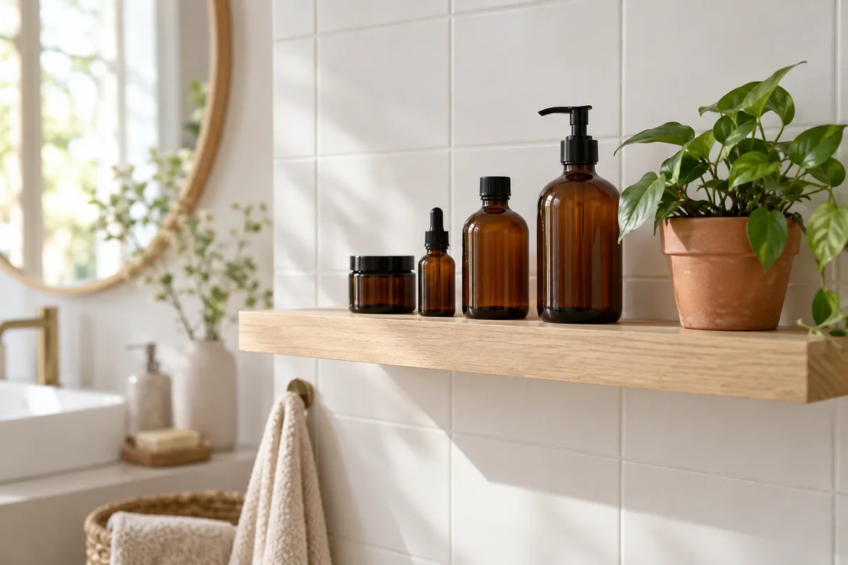 Étagère de salle de bain avec flacons en verre ambré unis et plante verte