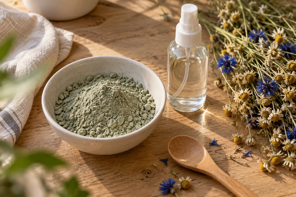 Bol d&rsquo;argile verte, fleurs séchées et flacon vaporisateur uni sur un plan de travail en bois clair