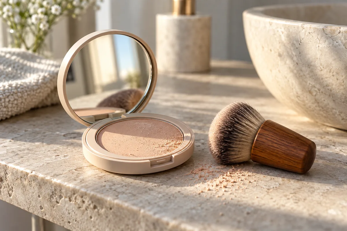 Poudre compacte beige et pinceau kabuki posés sur une tablette en pierre claire