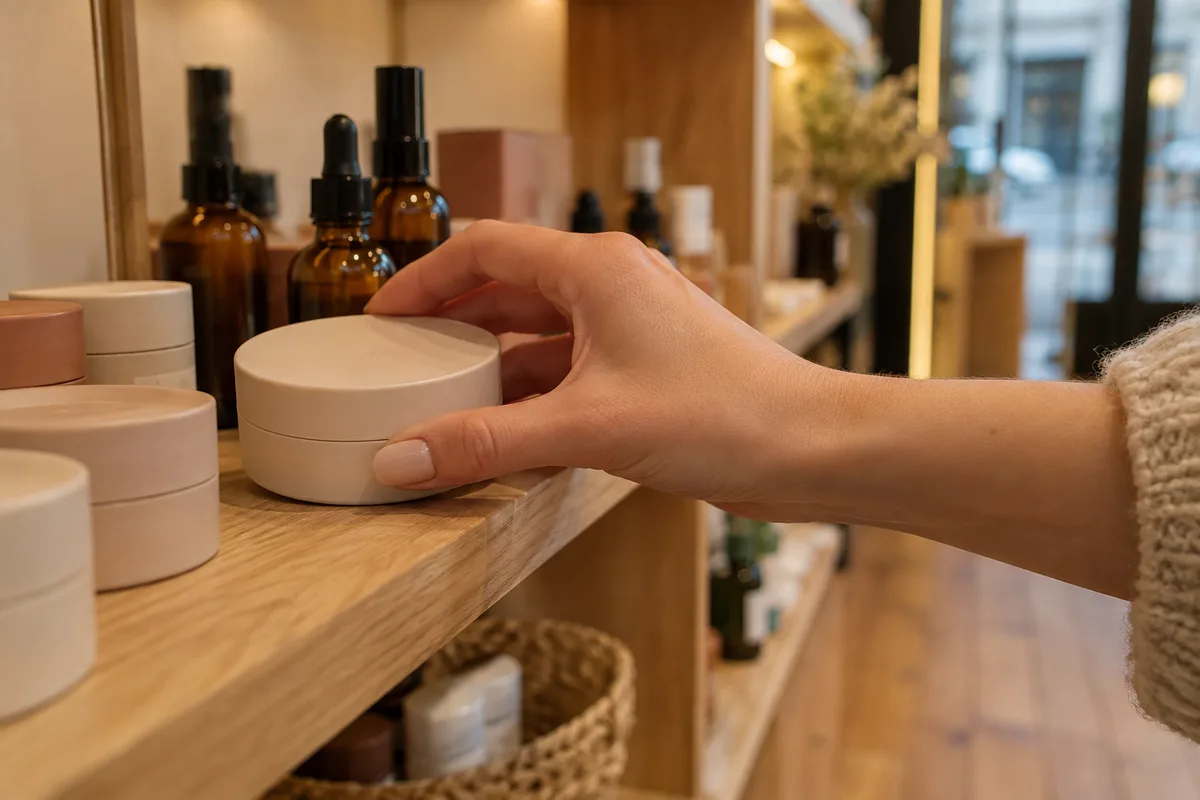 Main attrapant un boîtier de poudre sur une étagère en bois clair dans une boutique de cosmétiques