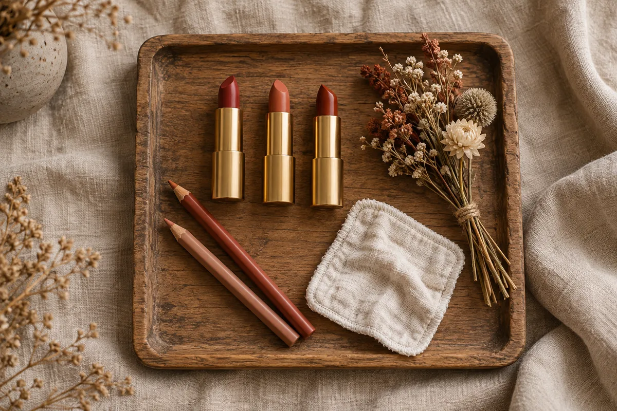 Rouges à lèvres et crayons alignés sur un plateau en bois brut près de fleurs séchées