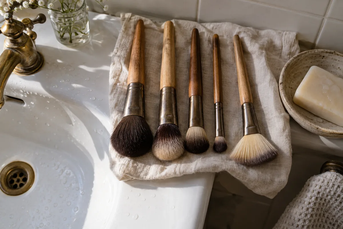 Pinceaux de maquillage séchant sur un linge de coton froissé au bord d’un lavabo en céramique