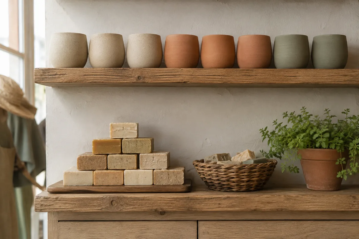 Étagère de boutique en bois brut garnie de pots de céramique et de savons non emballés, lumière naturelle