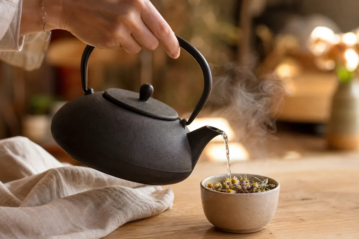 Une main verse de l&rsquo;eau chaude d&rsquo;une théière en fonte dans une tasse en céramique remplie de fleurs séchées