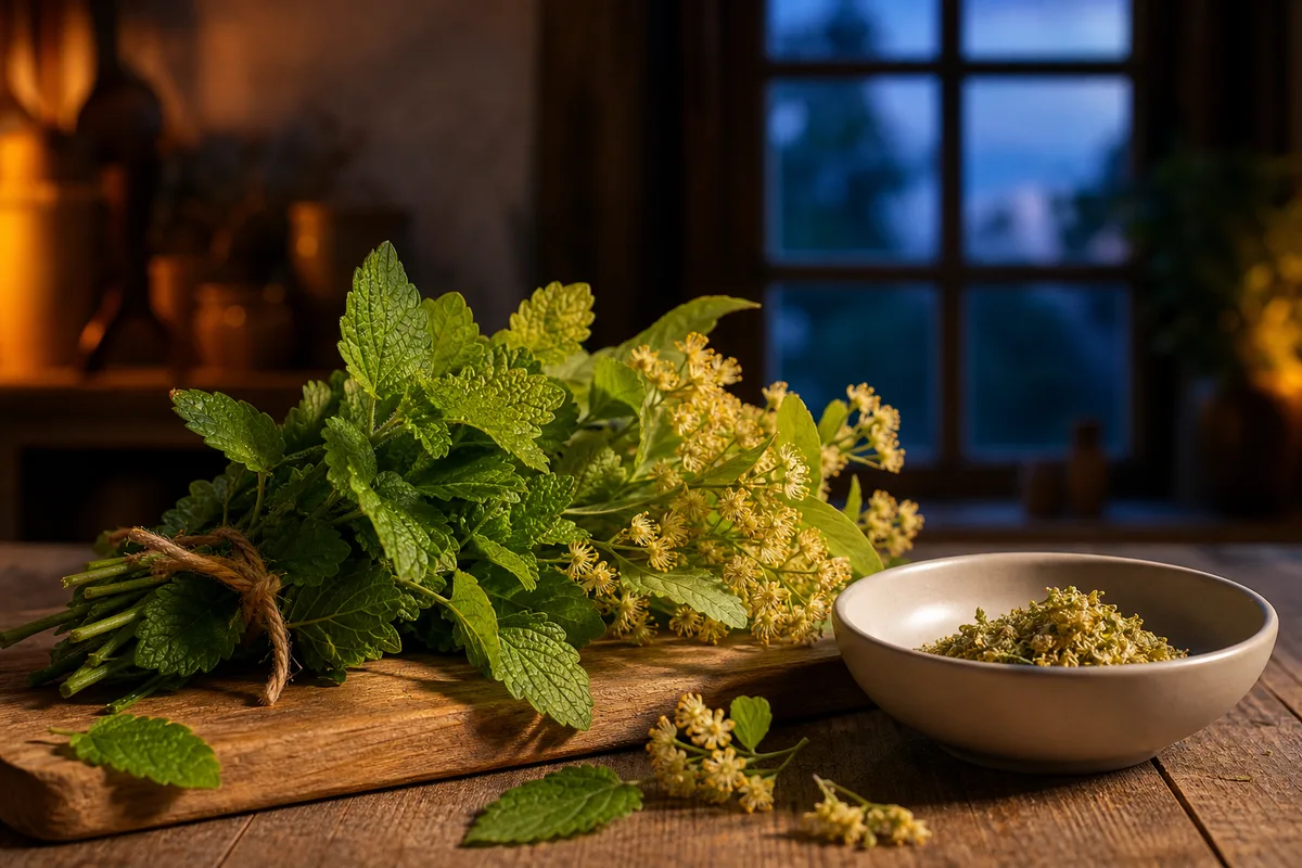 Bouquet de mélisse fraîche et brins de tilleul posés sur une planche en bois près d&rsquo;une fenêtre au crépuscule