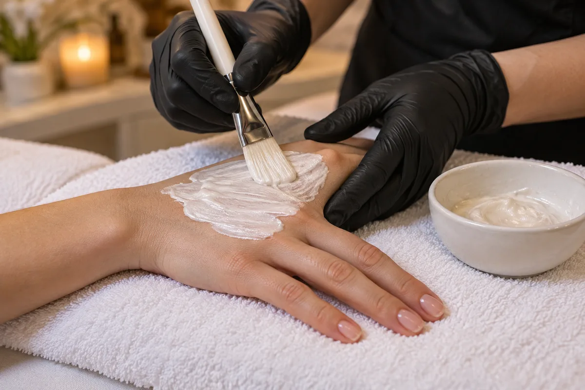 Mains gantées qui étalent un masque crème au pinceau sur le dos d&rsquo;une main