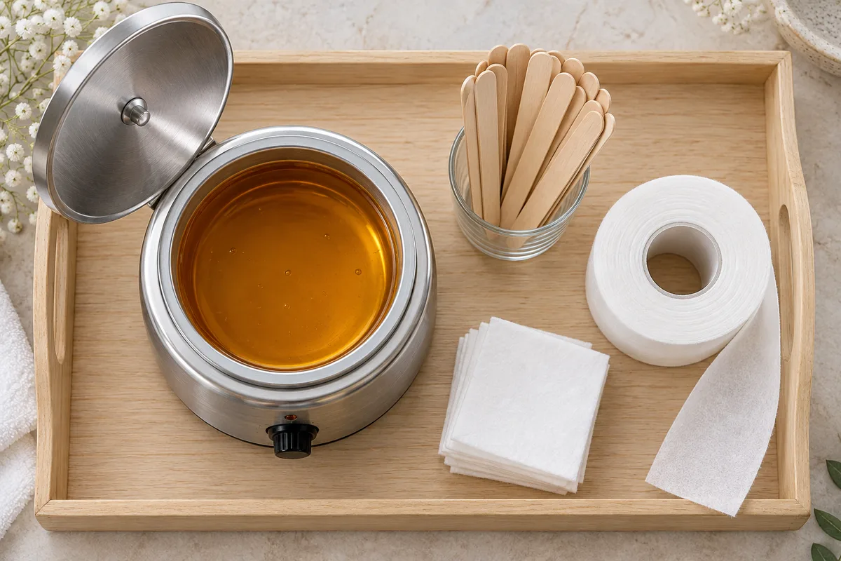 Pot de cire chauffant et spatules en bois rangés sur un plateau, vue de dessus