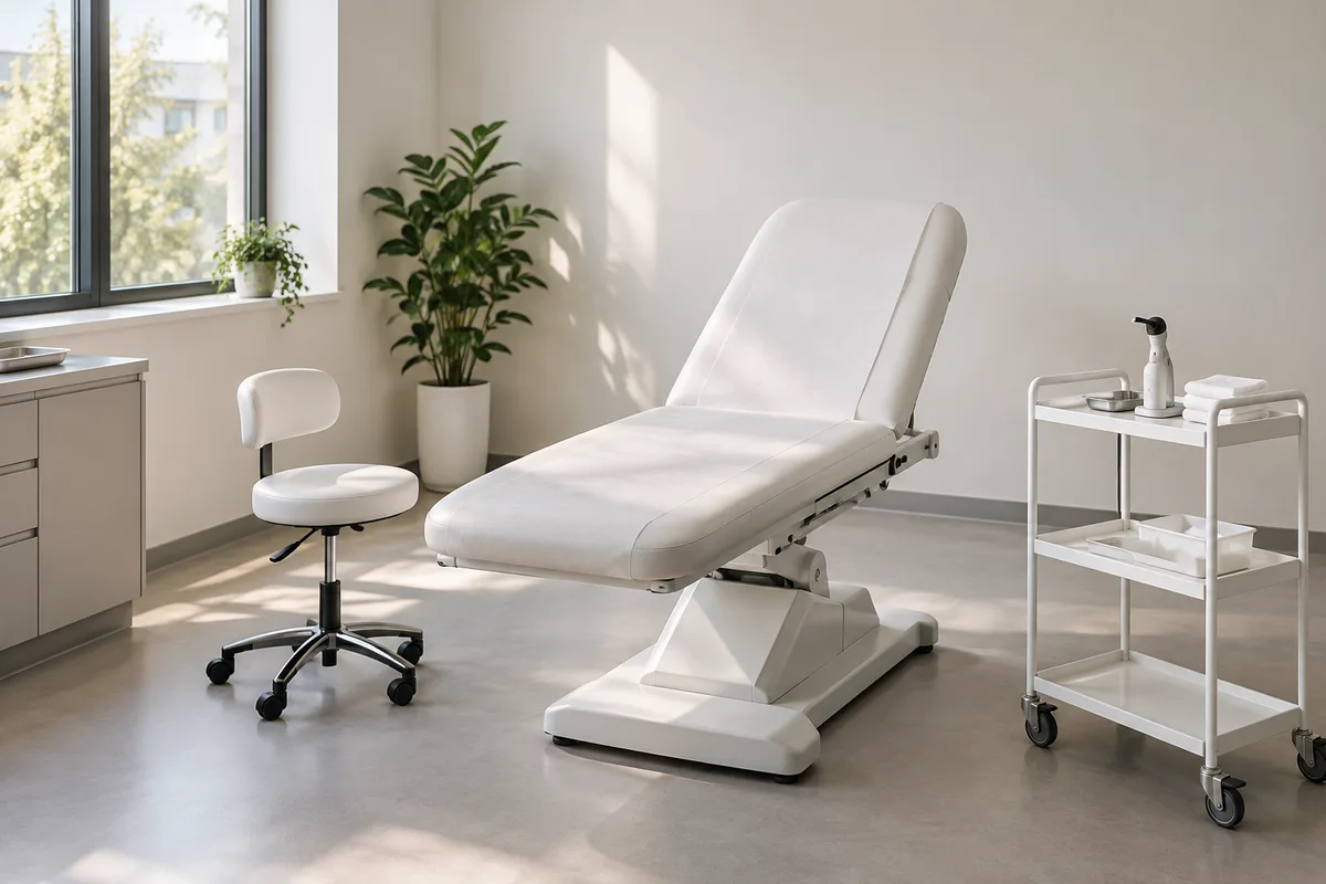 Cabinet de médecine esthétique vide et lumineux, fauteuil d&rsquo;examen et plateau blanc