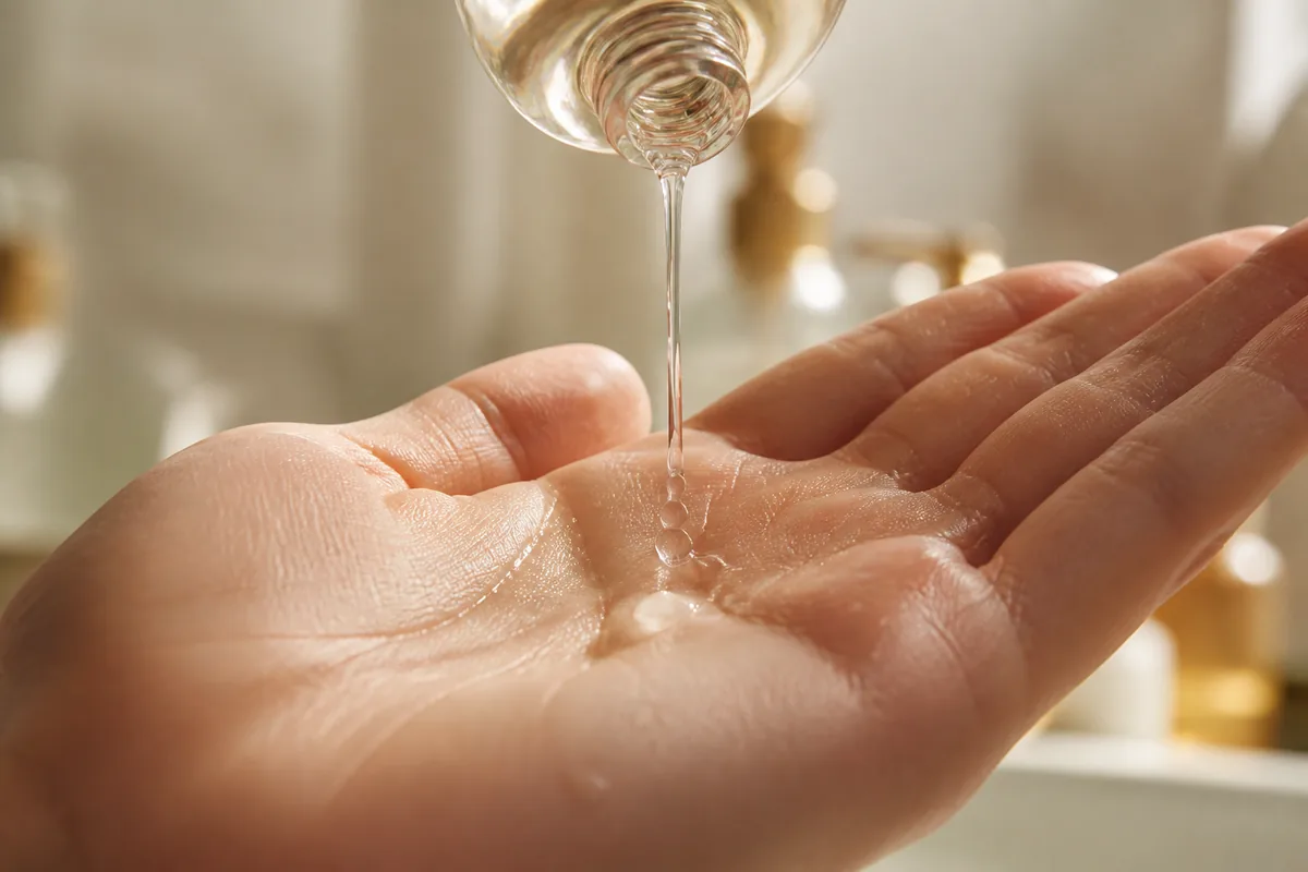 Main appliquant une lotion transparente dans le creux de la paume, gouttes visibles, ambiance matinale