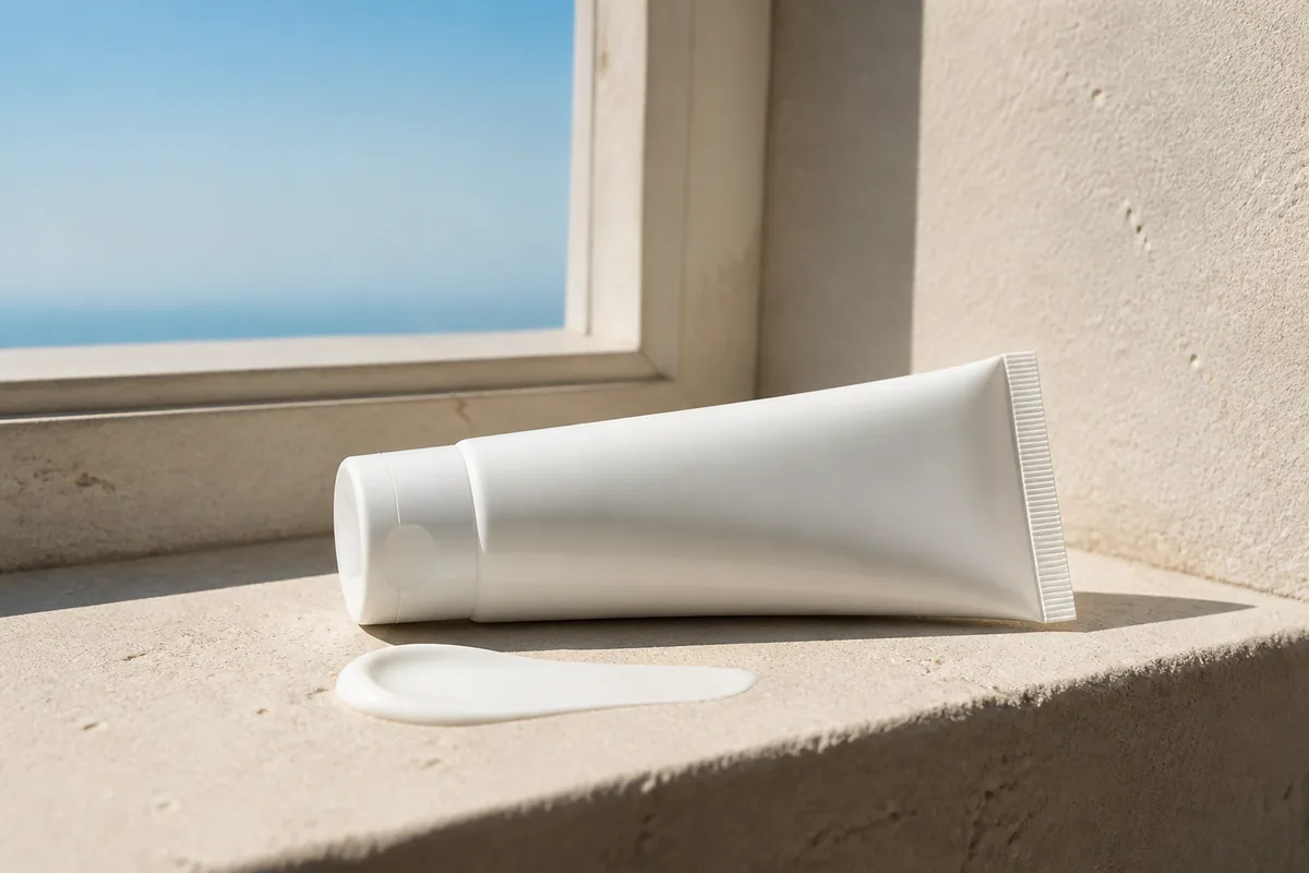 Tube de crème solaire posé près d’une fenêtre, ombre nette et lumière rasante sur une surface claire